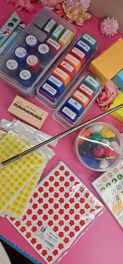 Kit de Motivación y Recursos para el Aula – Sellos + Stickers + Pinturas + Puntero + Tarjetas