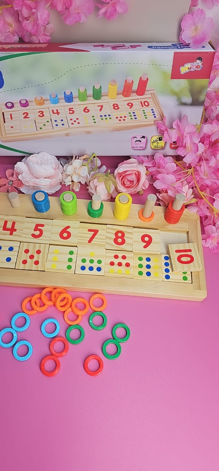 Tablero Montessori de Conteo 1–10 – Números, Cantidades y Anillos (Madera)